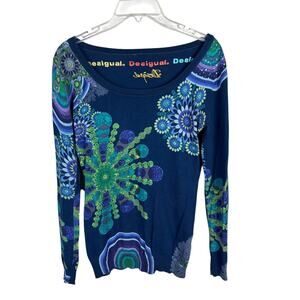 Desigual Wool Blend Long Sleeve Green Abstract Patterned Crew Neck Sweater S